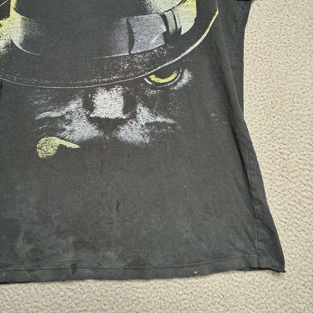 Y2K Cat Graphic T-Shirt Black Fedora Hat Yellow Eyes Crewneck Womens Large - Picture 3 of 14